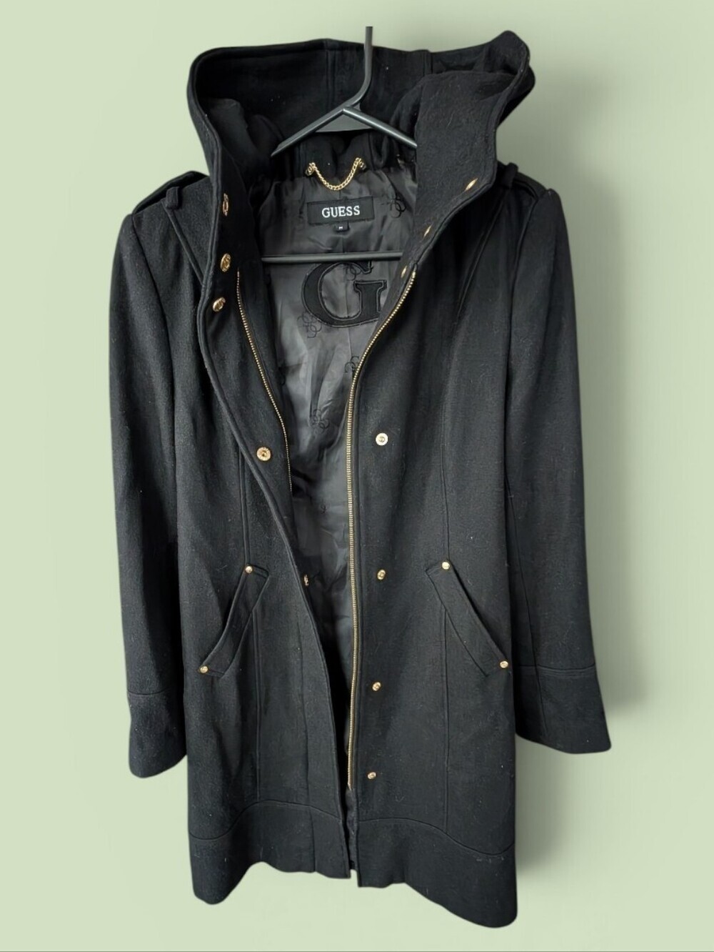 GUESS Black Wool Blend  Hooded Coat with Gold Hardware